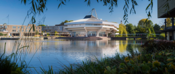 Image of central hall and the lake in the sunshine